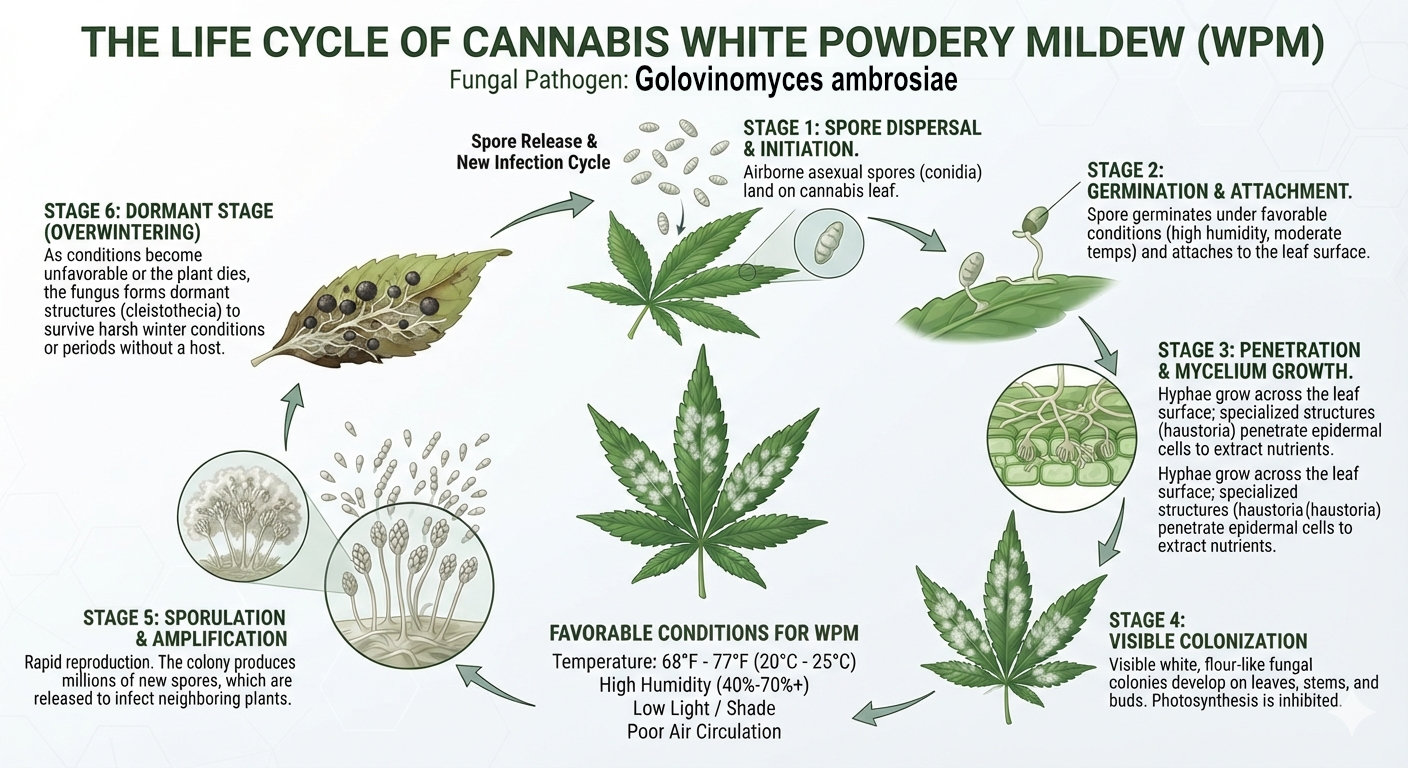 White Powdery Mildew on Cannabis Infographic WPM Life Cycle - White Powdery Mildew on Cannabis